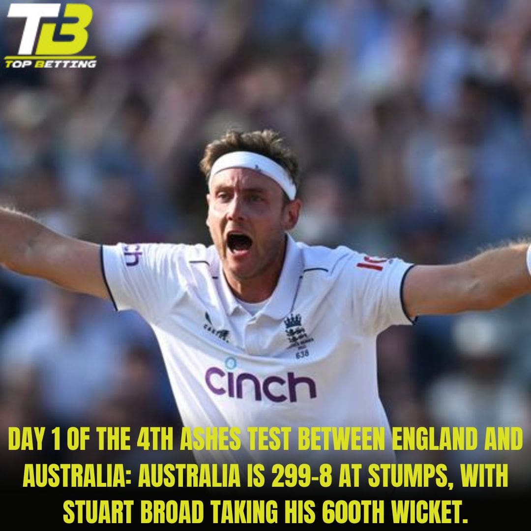 Day 1 of the 4th Ashes Test between England and Australia: Australia is 299-8 at Stumps, with Stuart Broad taking his 600th wicket.